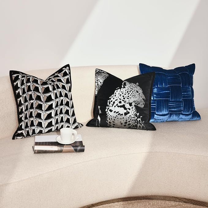Velvet Throw Pillow Covers 18x18'' inches, New Upgrade Handmade Embroidered Cheetah Leopard Face Pillow Covers, Decorative Cushion Cover for Sofa Bed Living Room(Silver)