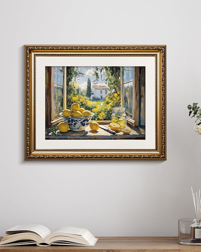 WHASAYART Vintage Gold Framed Bowl and Jar Lemon Canvas Wall Art 13x16 Inch | Summer Rustic Cottage Farmhouse Window Scene Garden View Painting, Dining Room Still Life Home Kitchen Wall Decor