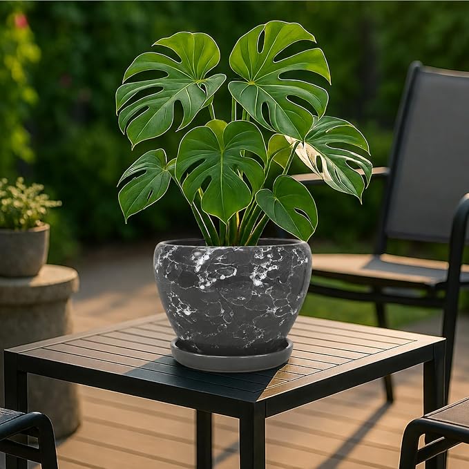 Deep Dream 8 Inch Plant Pots- Ceramic Pots for Plants with Drainage Hole and Saucer, Large Planter Pot for Indoor Plants Outdoor Decor, Gemstone Gray