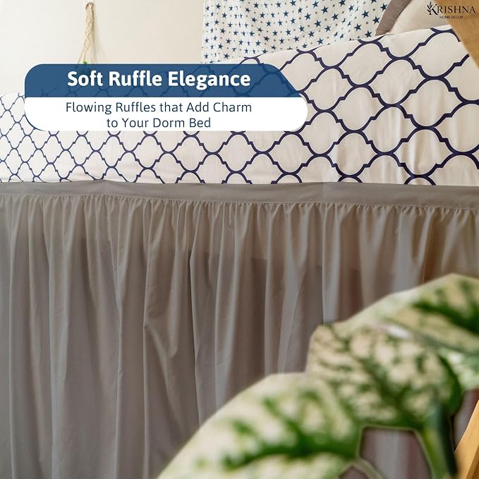 Krishna College Dorm Room Ruffle Bed Skirt with Split Corners, 100% Brushed Microfiber Ultrasoft, Breathable, Twin XL Bedding Extended 46 Inch Drop, Light Grey
