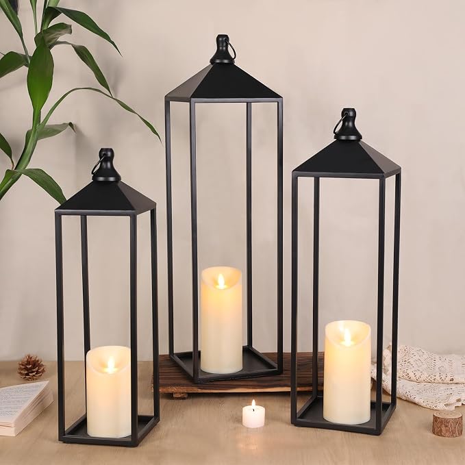 22'' 19'' 17'' Lanterns Decorative Outdoor Indoor, Set of 3 Floor Lanterns | Outdoor Lanterns with Candles, Glass-free Modern Farmhouse Lanterns for Room, Porch, Mantle, Patio, Garden