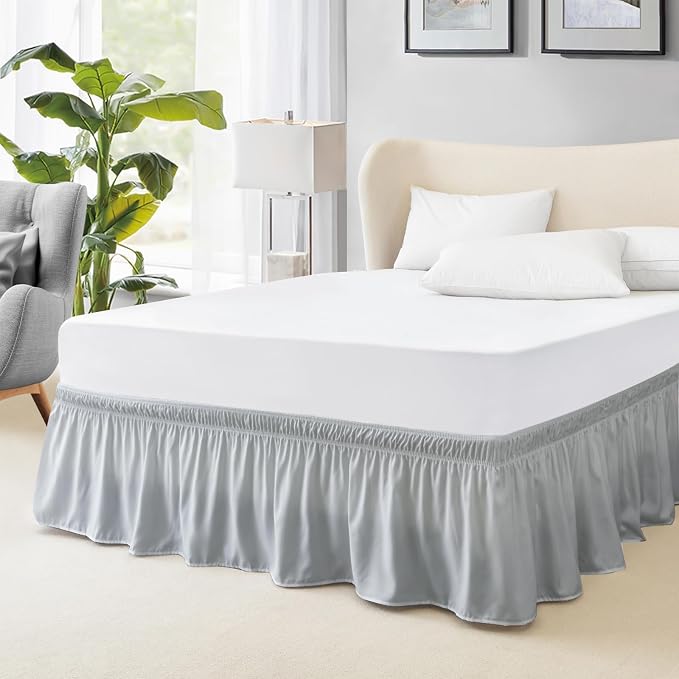 FreshCulture Twin Bed Skirt - Elastic Wrap, Easy Fit with 15-Inch Drop, Hotel Quality - Light Grey