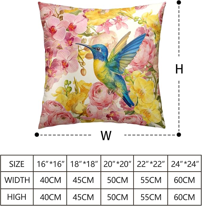 Spring Pillow Covers 22x22 Set of 2 Hummingbird Throw Pillow Covers Pink Yellow Moth Orchid Buttercup Floral Pillow Case for Home Decor Couch Sofa