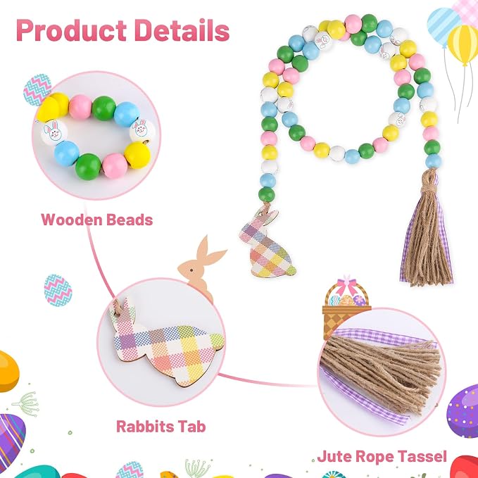 Easter Wood Bead Garland, 38.6" Spring Wood Beads Garland with Tassel, Wooden Beaded Easter Boho Decor Farmhouse Rustic Hanging Decorations for Home Room Wall Tiered Tray Shelf, Plaid Bunny