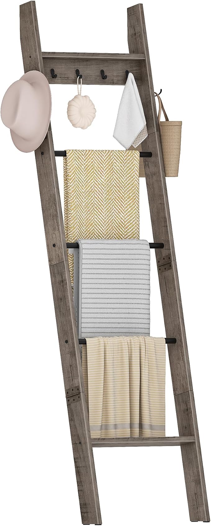 CHOEZON 5-Tier Blanket Ladder, Wooden Blanket Display Rack, Towel Ladder with Hooks, Wall Leaning Display Shelf, for Living Room, Bedroom, Balcony, Greige and Black MCJ02BG