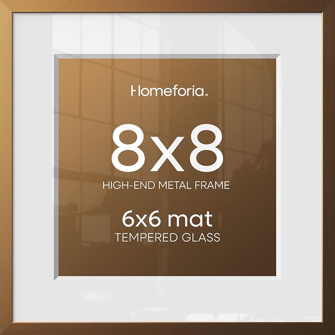 Homeforia 8x8 Bronze Picture Frame, High-End Metal, 6x6 Mat, Glass