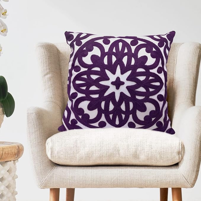 Alysheer Embroidered Decorative Throw Pillow Cover 20"x 20", Boho Mandala Modern Thick Embroidery Pattern, Durable Cotton Canvas Soft Cushion Case for Sofa Couch Bed Living Room (Dark Purple)