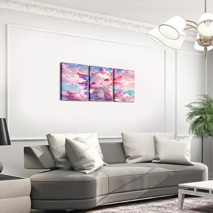 Feelyou Kids Cute Axolotl Canvas Wall Art for Living Room Bedroom Ocean Sealife Wall Painting Posters Boys Girls Kawaii Cartoon Animal Picture Wall Decor Beach Bathroom Wall Art 12"x16"x 3Pcs