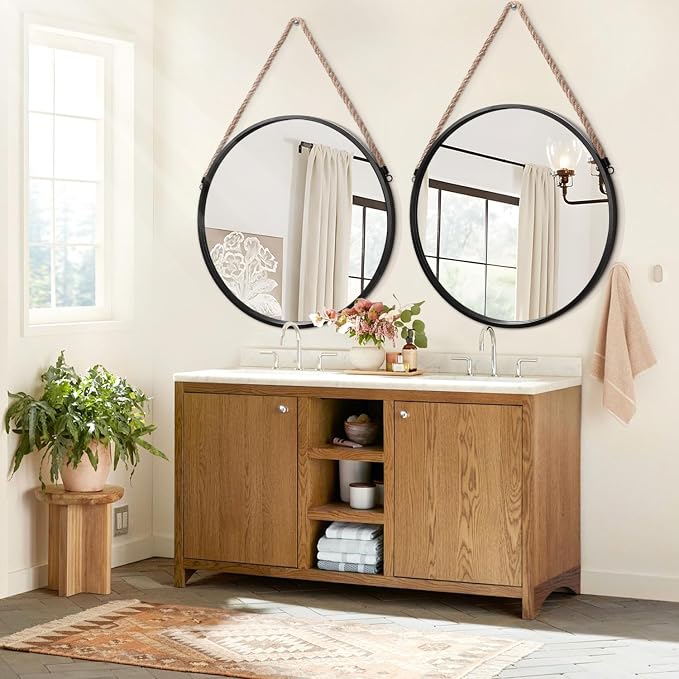 Hanging Mirror Black Round Metal Framed Circle Wall Mirrors with Rope Modern for Bathroom Bedroom Living Room Entryway Home Decorative 28"