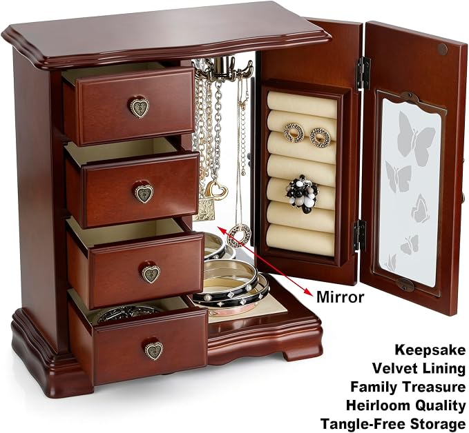RR ROUND RICH DESIGN Solid Wood Jewelry Box for Women Brown | Vintage Butterfly Glass Door Jewelry Armoire with Mirror, 4 Drawers & Rotating Necklace Carousel