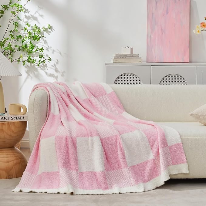Snuggle Sac Checkered Blanket, Baby Pink Throw Blanket for Couch Plaid Microfiber Fluffy Warm Cozy Fuzzy Soft Throw Blanket Reversible Checkered Blankets for Sofa, Chair, Bed, 50x60 inches