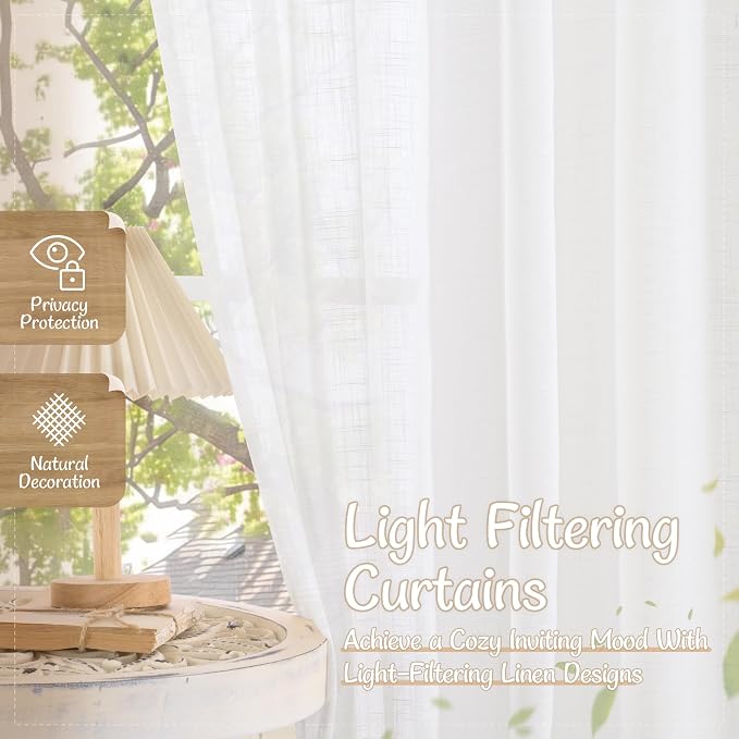 White Linen Sheer Curtains 96 Inches Long 2 Panels Set, 52 x 96 Inch | Light Filtering, Floor to Ceiling, Curtains for Living Room, Bedroom, Sliding Glass Door, Long, Back Tab Rod Pocket Panels