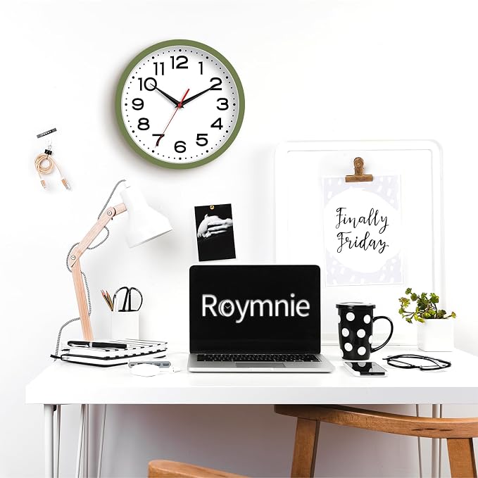 Roymnie 8 Inch Small Wall Clock, Battery Operated Silent Non Ticking Green | analog wall clock; bold numerals for easy reading; silent non-ticking; 1 AA battery (not included); for classroom