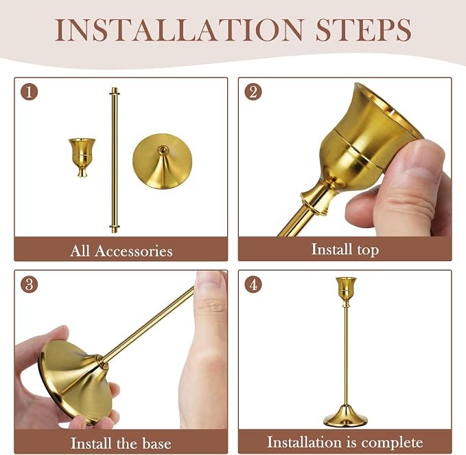Gold Candlestick Holders Set of 6 Weighted Stable Base | Metal Taper Candle Holders in Brass, Vintage Modern Decorative Centerpiece for Weddings, Dining, Parties, Anniversary