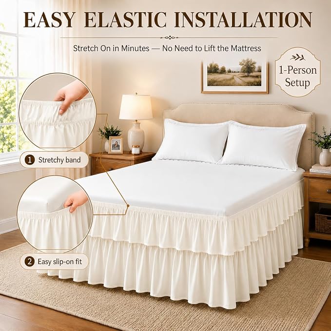 Cream Queen Bed Skirt 14 Inch Drop Double Layer Dust Ruffle