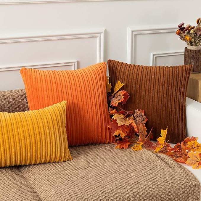 Kevin Textile Striped Corduroy 20”x20” Pillow Covers 2 Pack, Orange