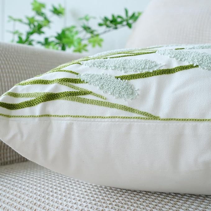 vctops Farmhouse Pampas Grass Cotton Tufted Throw Pillow Cover Boho Embroidery Pillowcase Soft Square Cushion Case for Sofa Couch Bed Chair (Light Green,18"x18")
