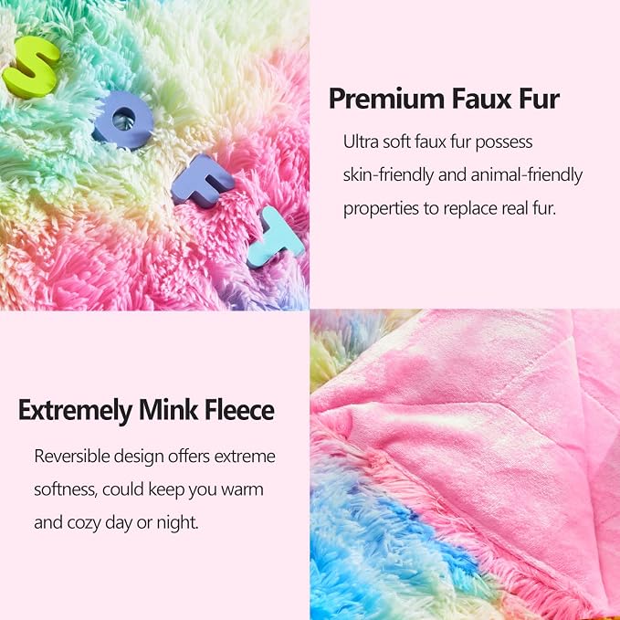 GONAAP Fuzzy Faux Fur Queen Blanket for Couch, Dark Rainbow, 90"x90" | Warm Cozy Plush Shaggy Decorative Reversible Thick Non-Heated Fleece Blanket for Sofa Bed, Gift for Women Men, All Season Use