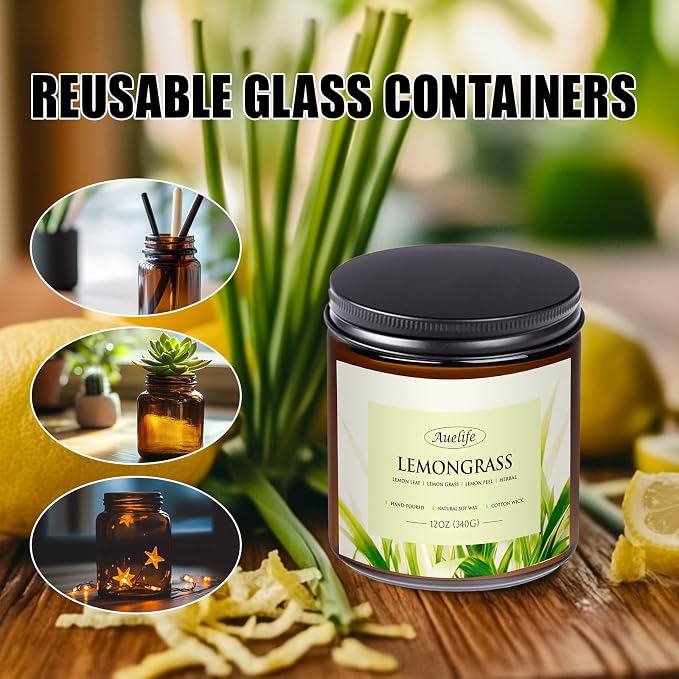 Lemongrass Scented Candle, 3-Wick Jar Candle,12oz Natural Soy Wax | Indoor & Outdoor Use; Fresh Lemongrass Fragrance; 50 Hour Burn; Patio, Camping & Garden; Summer Gift