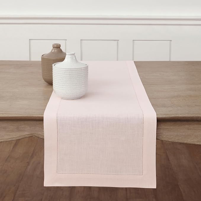 Solino Home 100% Pure Linen Dining Table Runner Pink Hemstitch, 14 x 132 in | Classic Hemstitch, styles dining tables for meals and celebrations, hemstitched border, mitered corners, OEKO-TEX Certified