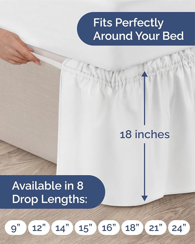 Wrap Around Dust Ruffle Bed Skirt, King Size Beds - 18 Inch Drop, White | Easy Fit Elastic Strap, Adjustable Pleated Bedskirt w/Brushed Fabric, Wrinkle & Fade Free, for Women, Men, Kids & Teens