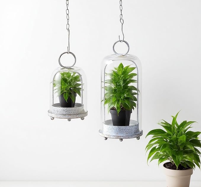 5" & 4" Wide Versatile Metal Candle Holder in Shabby White with Handmade Thick, Heavy & Sturdy Glass Dome for Pillar Candle, Industrial, Modern, Shelf, Mantel, Veranda, Porch