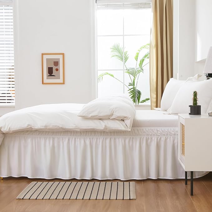 MEILA Wrap Around Bed Skirt for Twin & Full Beds 16" Drop, Natural White | Three-Side Adjustable Elastic Dust Ruffle, Ruffled Polyester Fabric, Easy to Install, Fade Resistant & Machine Washable