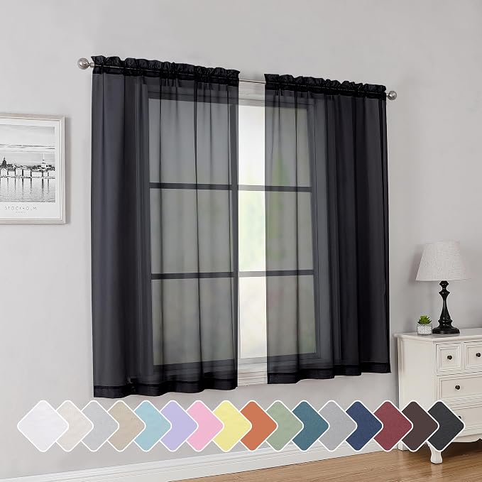 Simplebrand Rod Pocket Top Solid Voile Sheer Curtains for Bedroom, 54 Inch Length Drapes Set of 2, Lightweight and Light Filtering Elegant Black Curtains Panels Window Treatment, 42W×54L, Black