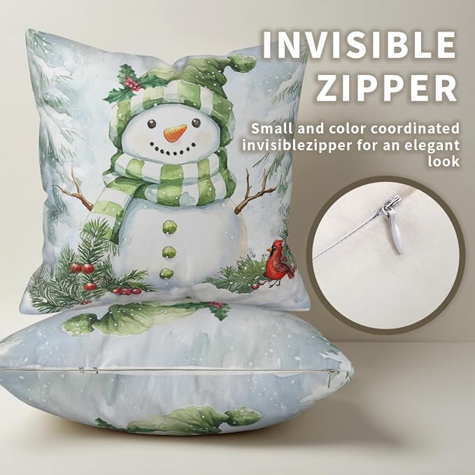 Set of 2 Winter Pillow Covers 24x24 Green Snowman Pine Tree Holly Berry Cardinal Bird Throw Pillow Covers Holiday Pillow Case for Home Decor Couch Sofa