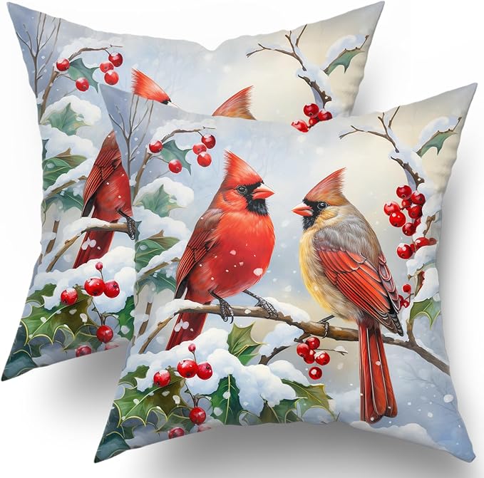 Winter Red Bird Throw Pillow Cover Set of 2 24x24 Inch Winter Christmas Pillowcase Nature Birds Scene Cushion Covers Farmhouse Pillow Protector for Home Bedroom Sofa