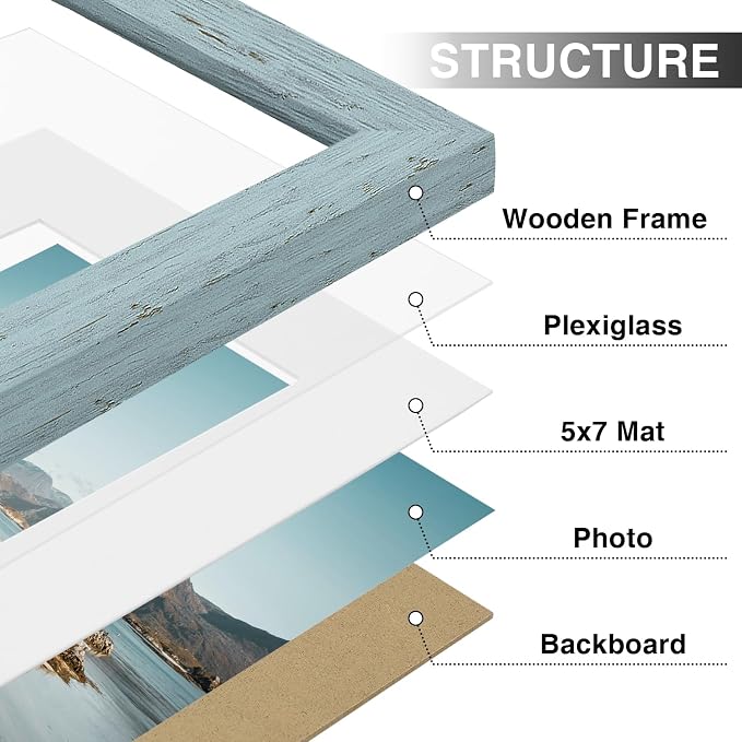 Vittanly 8x10 Picture Frames Set of 9, Wall & Tabletop, Rustic Blue | Display Pictures 5x7 with Mat or 8x10 without Mat, Small Photo Frames, Engineered Wood with Shatter Resistant Plexiglass