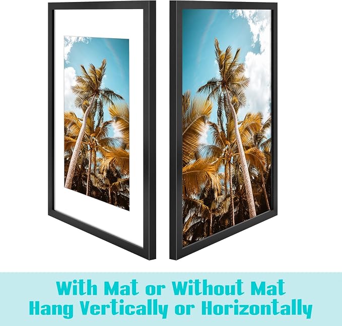 Frametory 14x24 Black Picture Frame with Real Glass Mat for 11x22