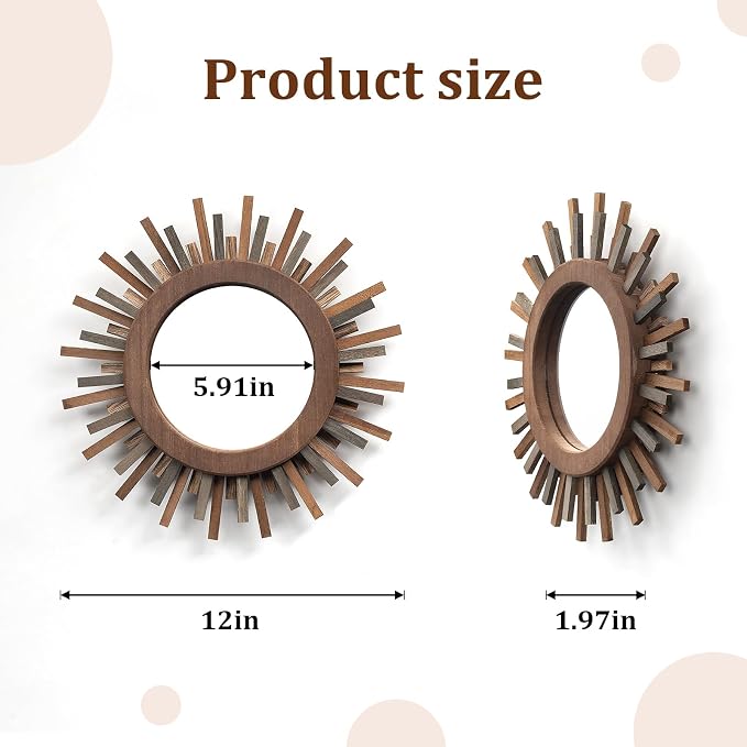 12 Inch Boho Sunburst Mirror, Decorative Rustic Farmhouse Wall Decor for Living Room, Bedroom, Bathroom, Hallway - Tricolor Wood Frame