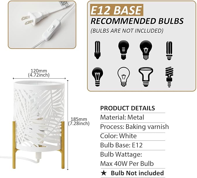 Decorative Table Lamp, Golden Tripod Stand with White Metal Hollowed Lampshade, Night Light for Bedside, E12 40W, No Bulb