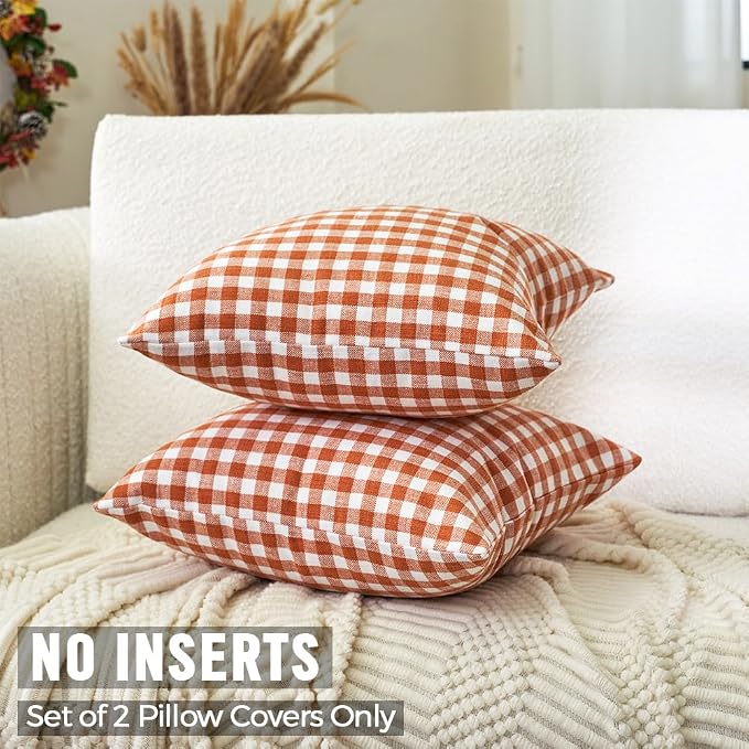 Fall Orange Plaid Gingham Euro Pillow Sham Cover 24x24, Large Pillow Covers | Set of 2, 24 x 24 Fall Pillow Covers, Fall Couch Tartan Buffalo Plaid Checkered, Fall Decor for Living Room, No Inserts