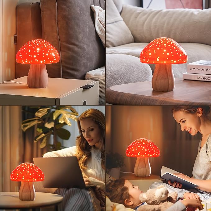 BOHON Mushroom Lamp Ceramic Bedside Table Lamp, Red