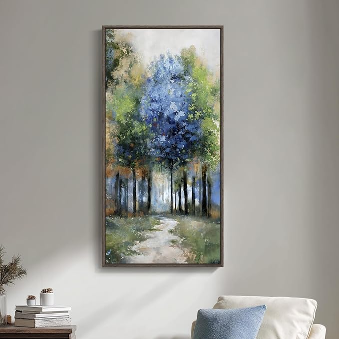 Framed Vertical Forest Path Landscape Wall Art for Living Room, 20x40 Inch | Farmhouse, Nature, Colorful, Large, Forest scenery, Office art, Foyer wall decor, Hallway decor, Ready to hang, Wood frame