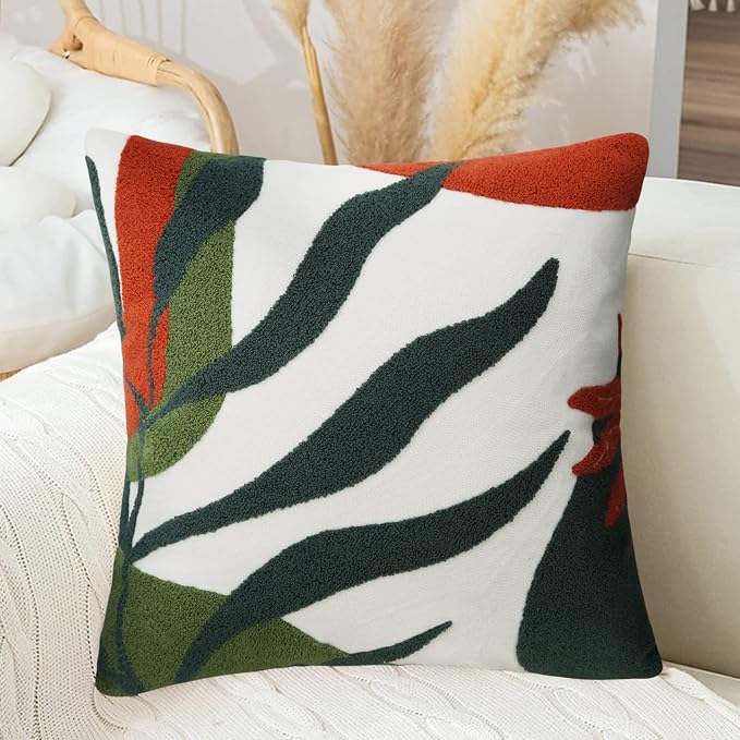 Merrycolor Boho Decorative Throw Pillow Covers 18x18 Tufted Abstract Mid Century Modern Pillow Covers Aesthetic Boho Pillows Decorative Pillows for Bed Couch Sofa Living Room Dark Green Orange（A）