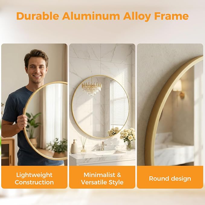 24 Inch Gold Round Bathroom Wall Mirror, Round Mirrors for Wall Decor, Circle Mirror for with HD Shatter-Proof Glass for Entryway, Living Room, Bedroom, Dressing Room, Home Decor