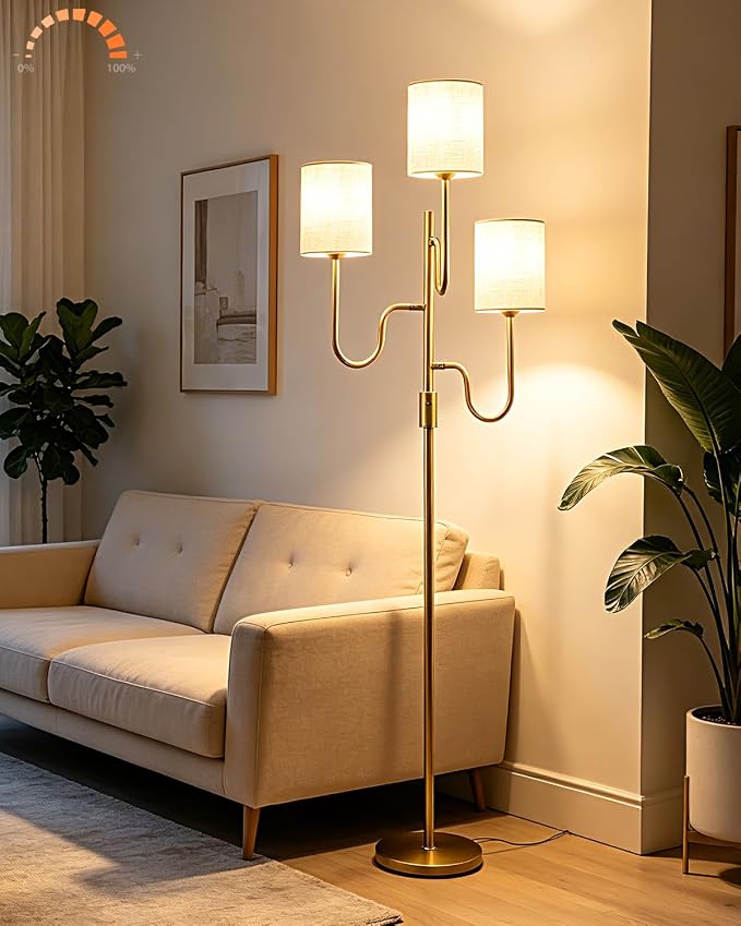 Lightdot 63IN Gold Floor Lamp Dimmable 3-Lights LED Floor Lamps with Cylinder Fabric Shade& Warm White Bulb for Wedding/Party 3-Arm Standing Tall Lamp for Living Room/Bedroom/Sofa Beside/Corner Decor