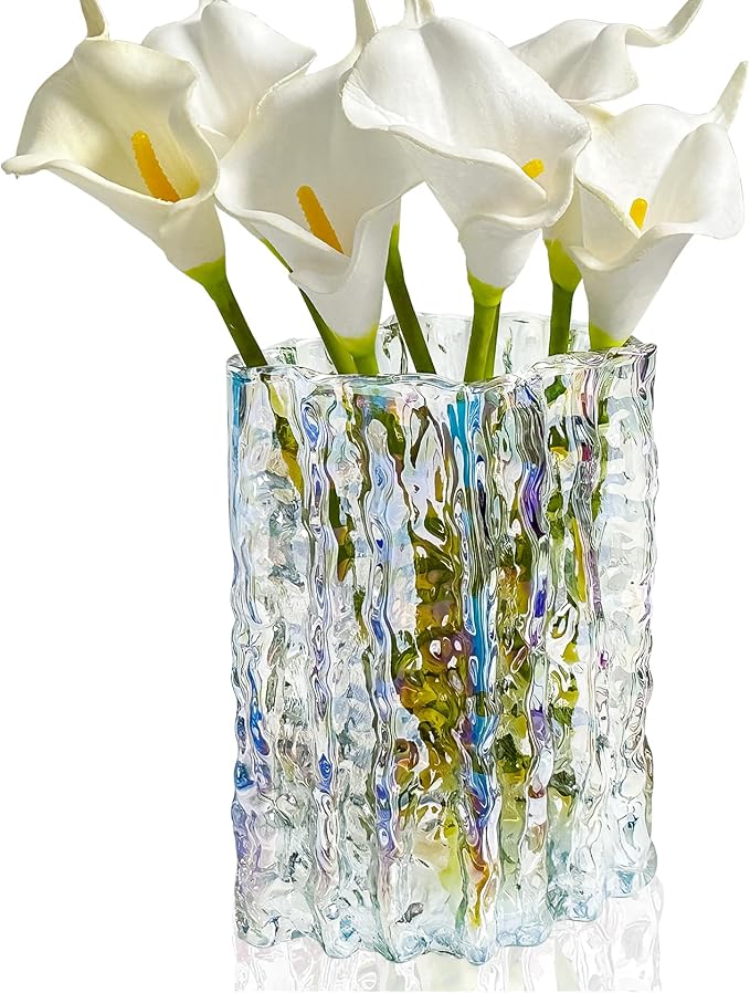 Aoderun Glass Vase Crystal Vase Heavy Duty Large Flower Vase for Dining Table Kitchen Office Home Shelf Wedding Living Room Centerpieces(Iridescent Clear)