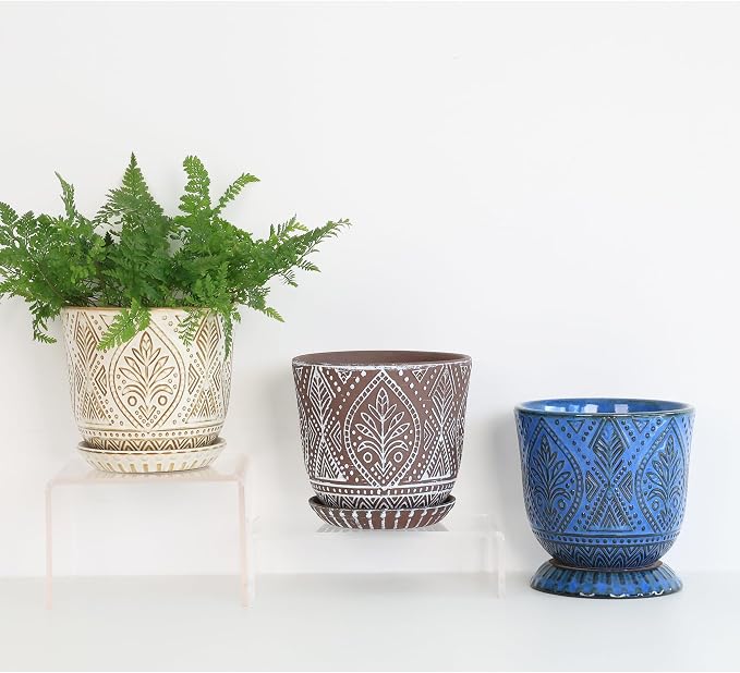 Gepege Ceramic Plant Pots, 6 Inch Indoor Planters with Drainage & Saucers | Ceramic pots for plants with drainage holes, ceramic saucers and mesh pads, ideal for flowers, herbs and succulents, set of 2