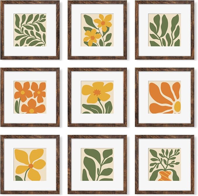 YESKAY 12x12 Picture Frame Set of 9, Photo Gallery Wall Frame Set, Display Pictures 8x8 with Mat or 12 x 12 Without Mat, Square Frame Picture Frames Collage Wall Decor, Rustic Brown