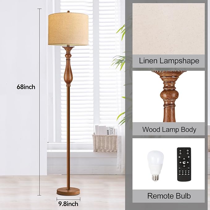 ILLMTW Wood Floor Lamp for Living Room,Bedroom,Vintage Mid Century Modern Standing Lamp with Remote Dimmable,Boho Gold Tall Lamp Fabric Lamp Shade Floor Lights Bohemian Tiffany Style
