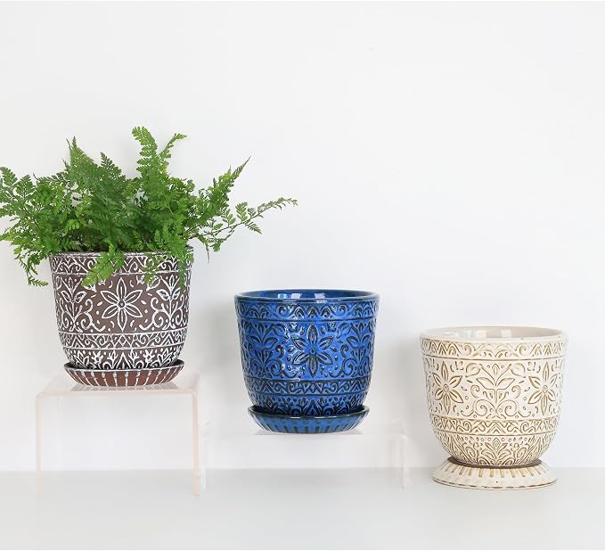 Gepege Ceramic Plant Pots, 6 Inch Indoor Planters with Drainage & Saucers | Ceramic pots for plants with drainage holes, ceramic saucers and mesh pads, ideal for flowers, herbs and succulents, set of 2