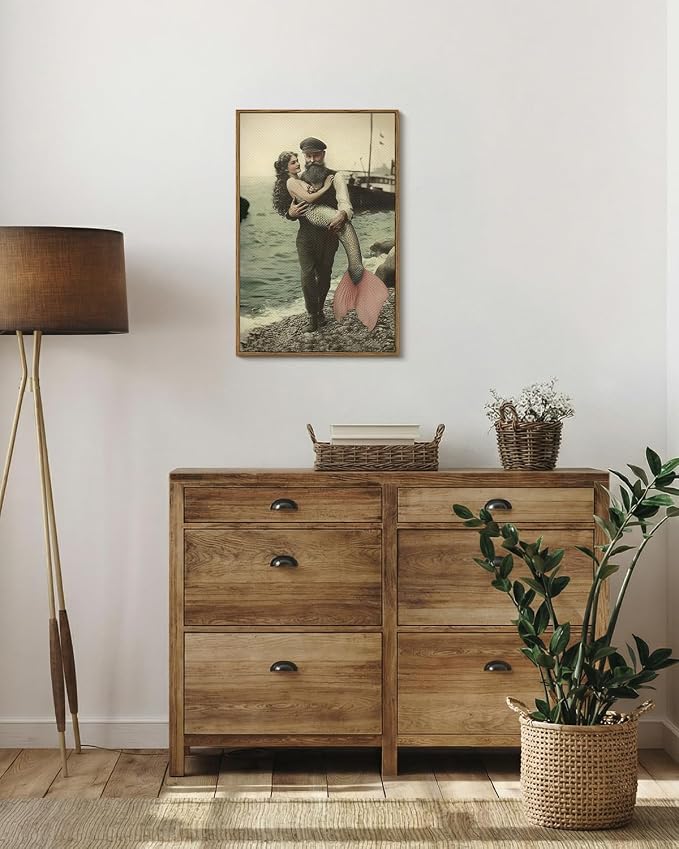 WHASAYART Vintage Mermaid Fisherman Wall Art 16x24 Framed Canvas Print | Retro Whimsical Ocean Mythology Legend Photorealistic Painting Artwork, Fishing Gear Room Beach House Coastal Nautical Decor