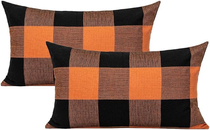 VAKADO 12x20 Inch Set of 2 Buffalo Plaids Decorative Throw Pillow Cases Farmhouse Fall Retro Checkers Lumbar Rectangle Cushion Covers Home Decor for Sofa Couch, Orange and Black