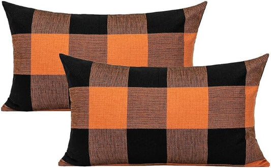 VAKADO 12x20 Inch Set of 2 Buffalo Plaids Decorative Throw Pillow Cases Farmhouse Fall Retro Checkers Lumbar Rectangle Cushion Covers Home Decor for Sofa Couch, Orange and Black
