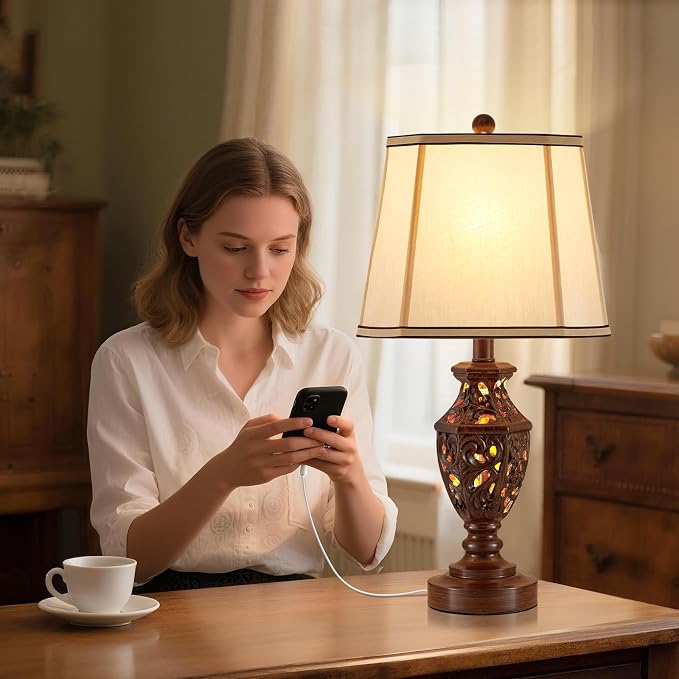 EJIAXIN Lamps for Night Stands Set of 2-23.5" Vintage Bedside Lamp with USB A+C and Nightlight - Brown Retro Carved Resin Farmhouse Desk Lamp for Bedrooms, End Tables, Living Room, Bulbs Included