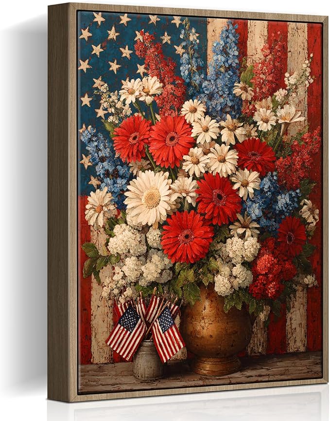 American Flag Framed Canvas Wall Art, 4th of July Patriotic Canvas Prints | Boy Holding USA Flag Poster Print, Modern Independence Day Wall Decor for Living Room Kids Room Dining Room Office 24×36in